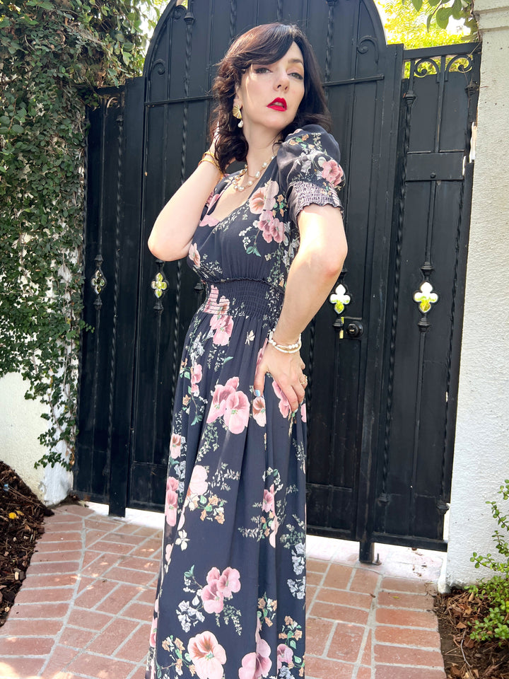 The Leigh Dress (Charcoal Gray / Pink Floral)