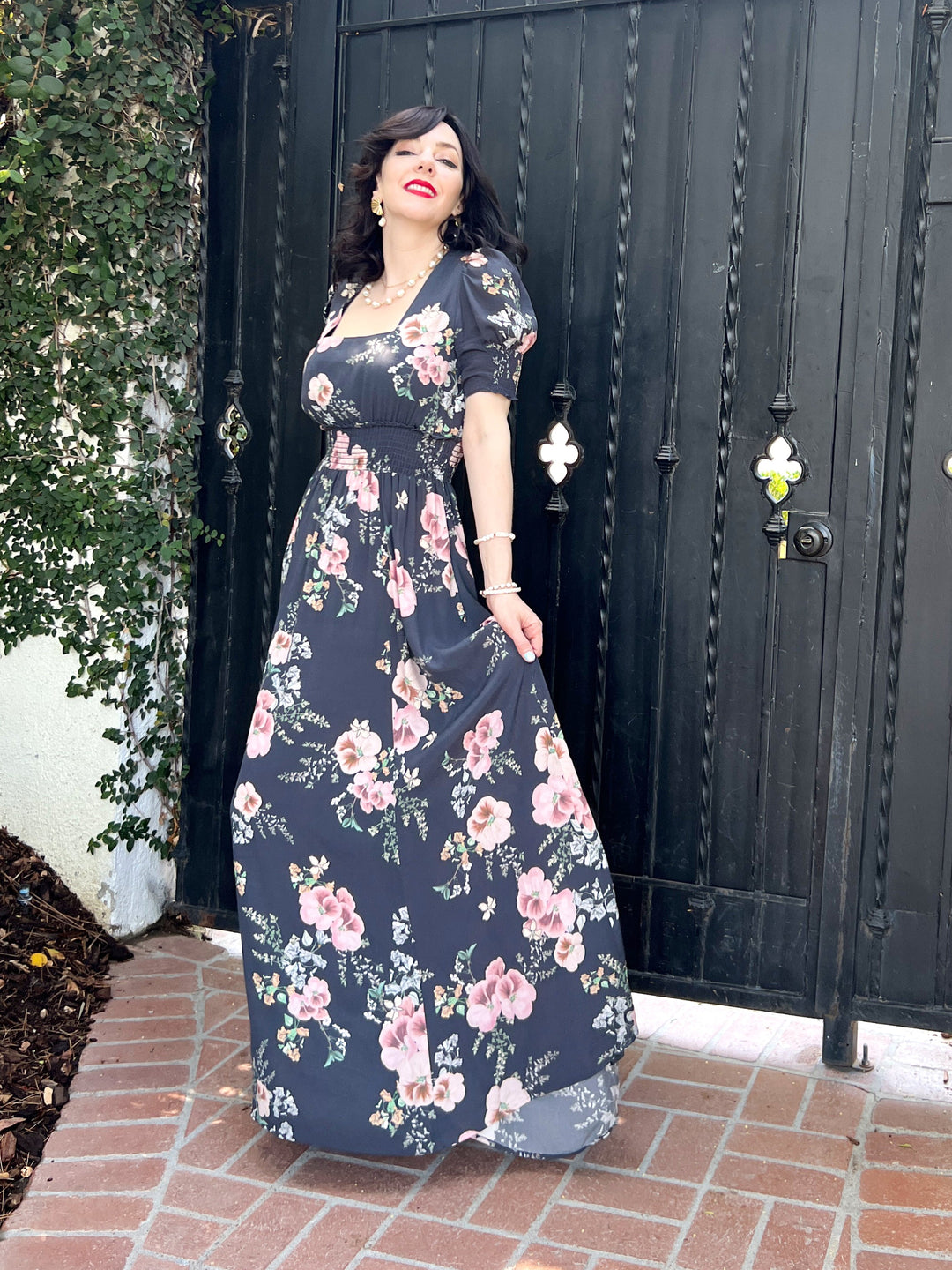 The Leigh Dress (Charcoal Gray / Pink Floral)