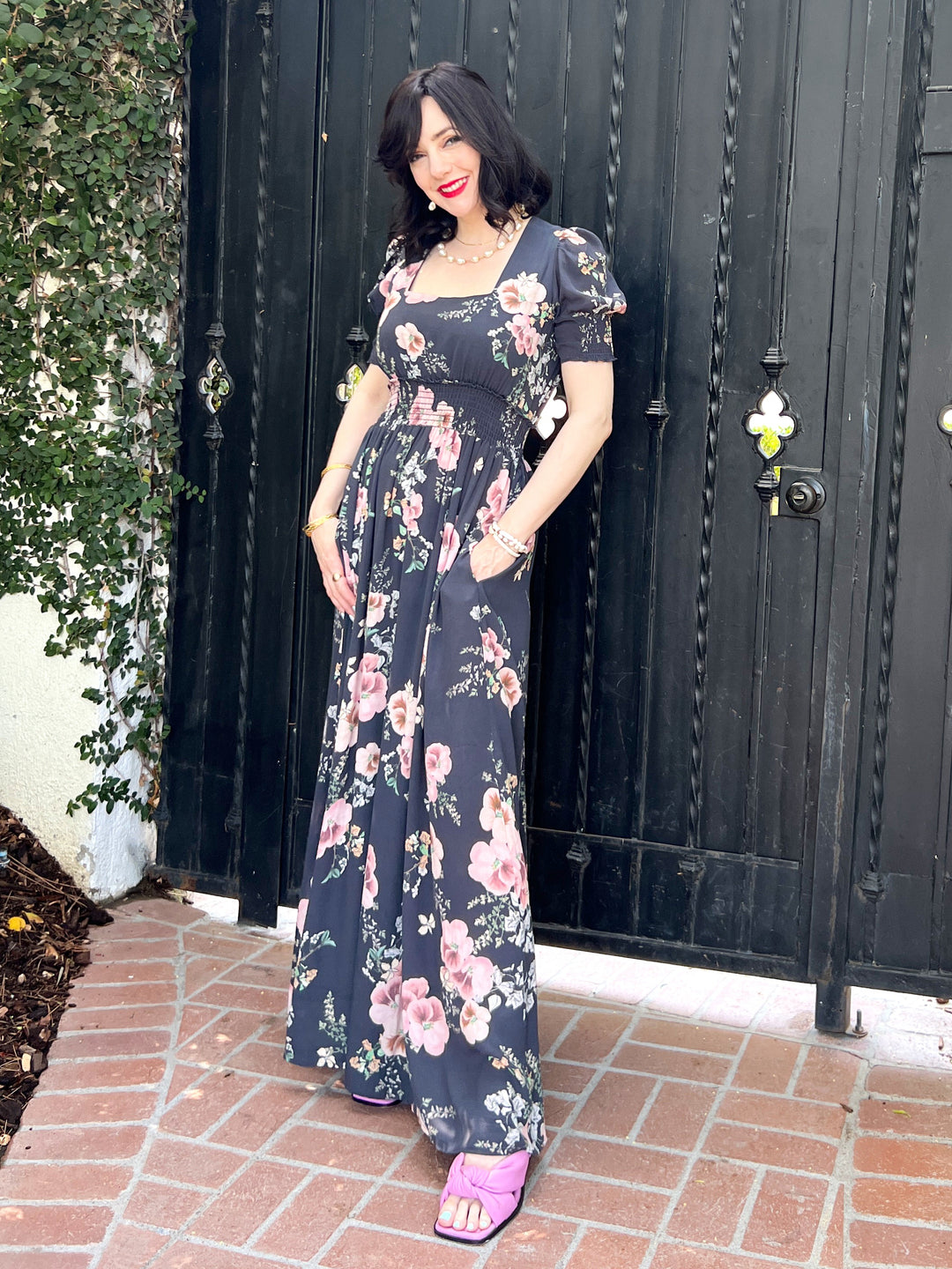 The Leigh Dress (Charcoal Gray / Pink Floral)