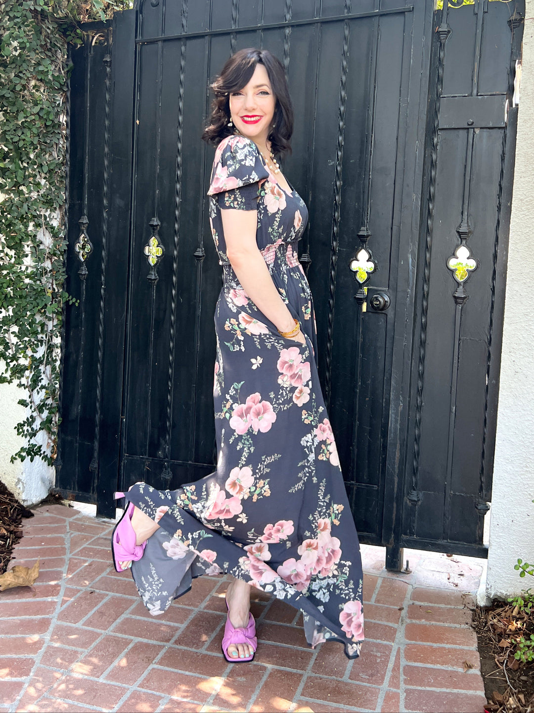 The Leigh Dress (Charcoal Gray / Pink Floral)
