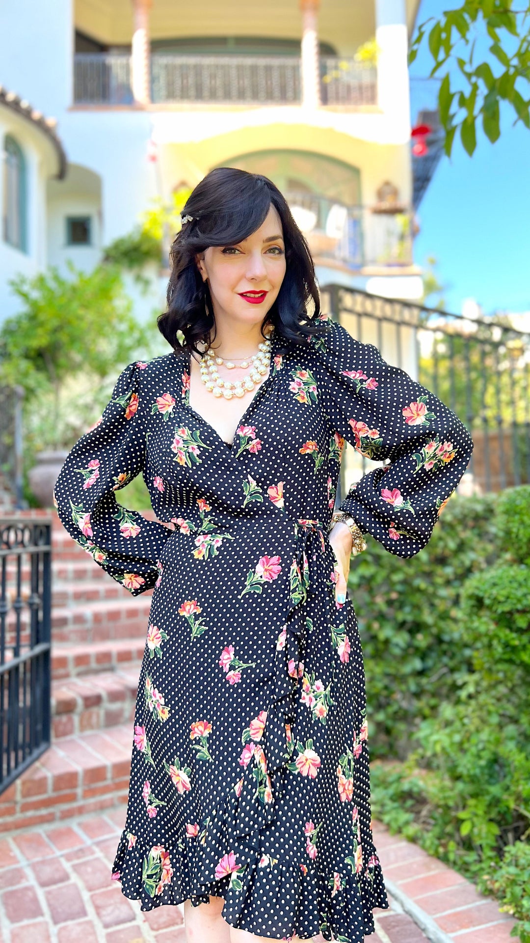 Fuller bust fit wrap dress with ruffle hem and sweetheart neckline pleating 