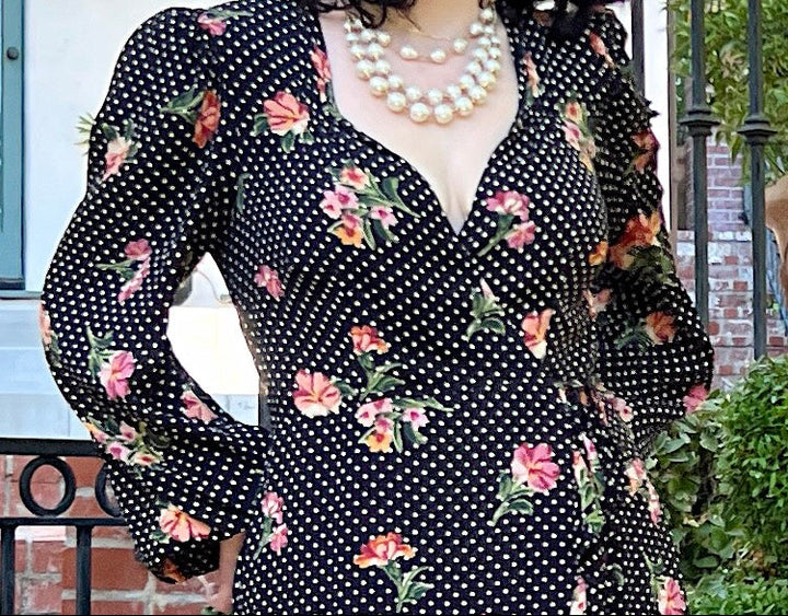 Fuller bust fit wrap dress with ruffle hem and sweetheart neckline pleating 