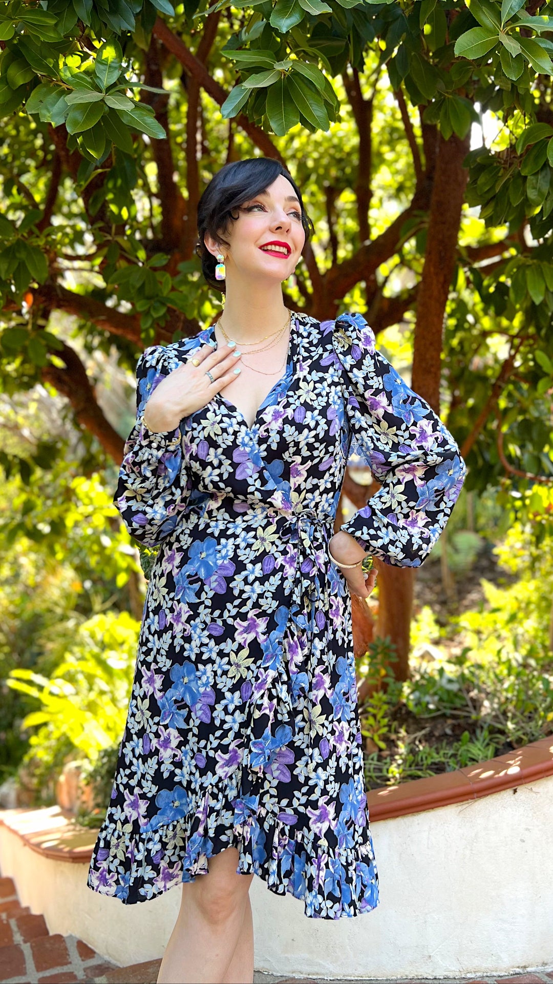 Fuller bust fit wrap dress with ruffle hem and sweetheart neckline pleating 