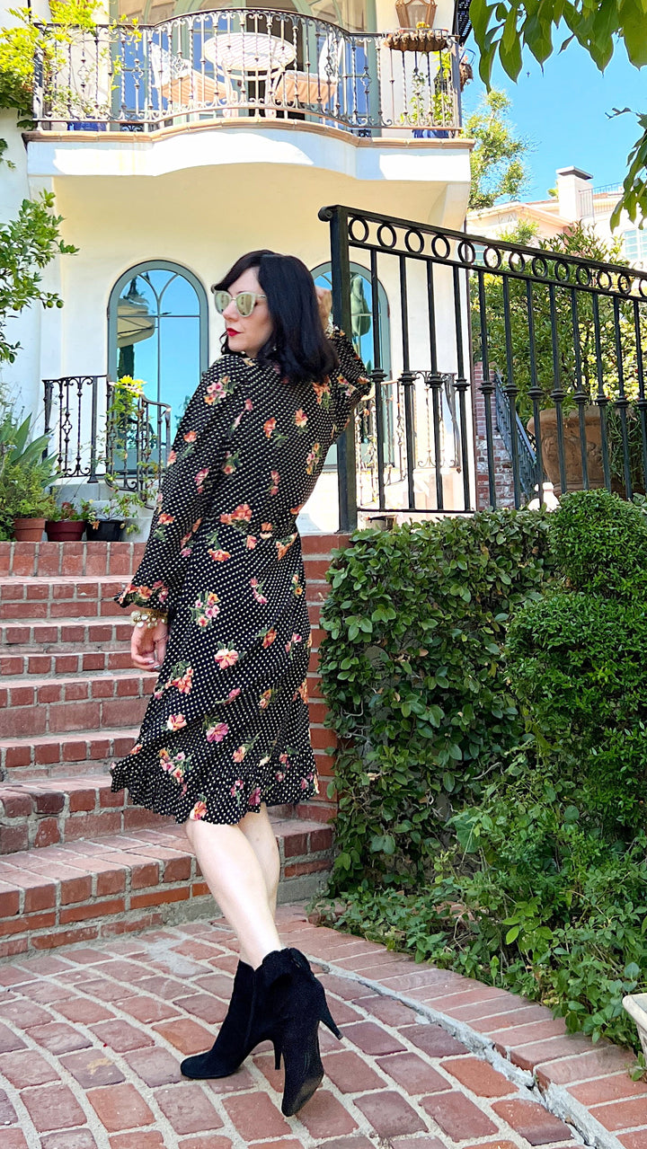 Fuller Bust Fit Wrap Dress with Ruffle Hem and Sweetheart Neckline Pleating